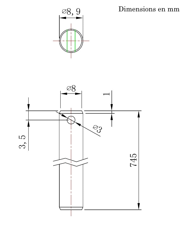 Barre extérieure Ø14mm + barre intérieure Ø9mm