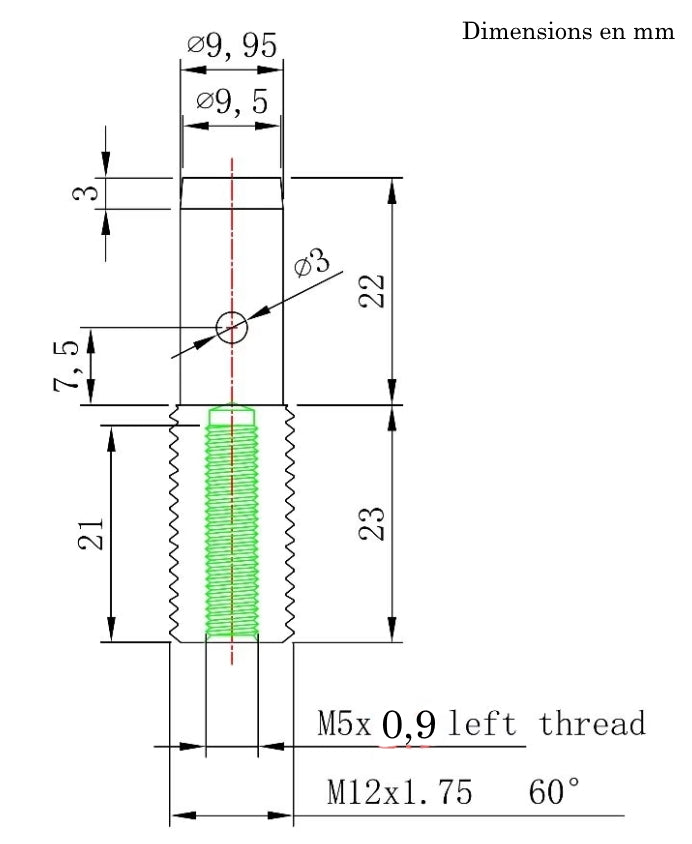 Barre extérieure Ø14mm + barre intérieure Ø9mm